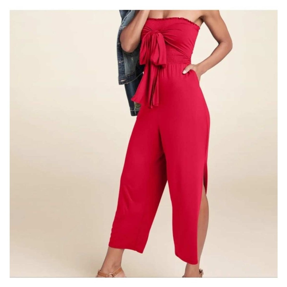 Venus Red Strapless Smocked Tie Front Wide Leg Jumpsuit Small Pockets Soft
